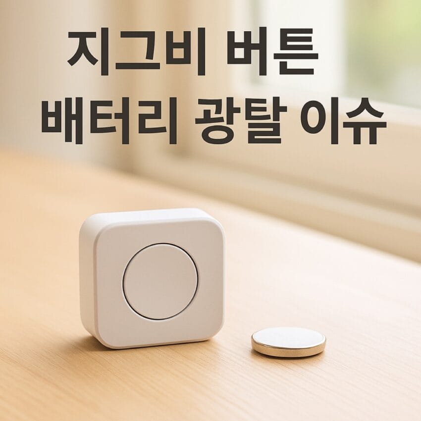 지그비 버튼과 동전형 배터리가 나란히 놓인 모습. 실외 환경에서 지그비 무선 버튼 배터리가 급속히 소모되는 현상을 다룬 블로그 대표 이미지.
